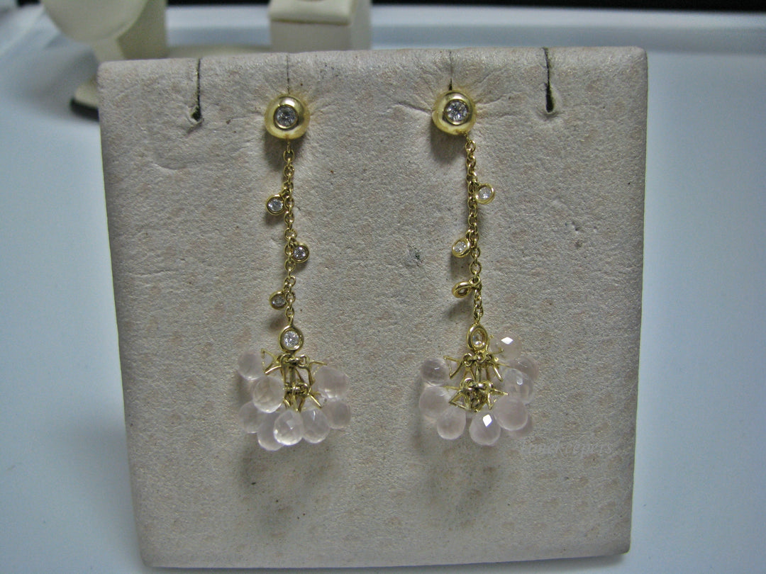 H074 Unique Rose Quartz Earrings with Lovely Diamonds in 18k Gold