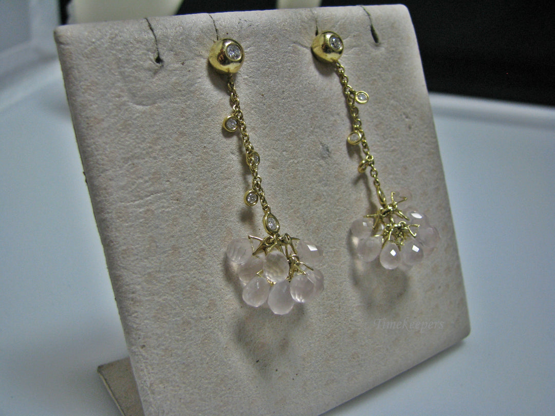 H074 Unique Rose Quartz Earrings with Lovely Diamonds in 18k Gold