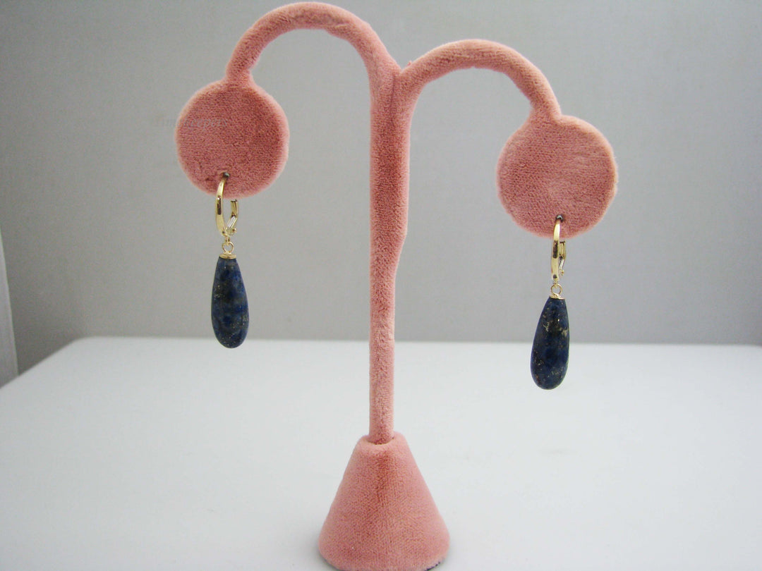 b640 Beautiful 14kt Yellow Gold Blue Lapis Lazuli Smooth Briolette Dangle Earrings