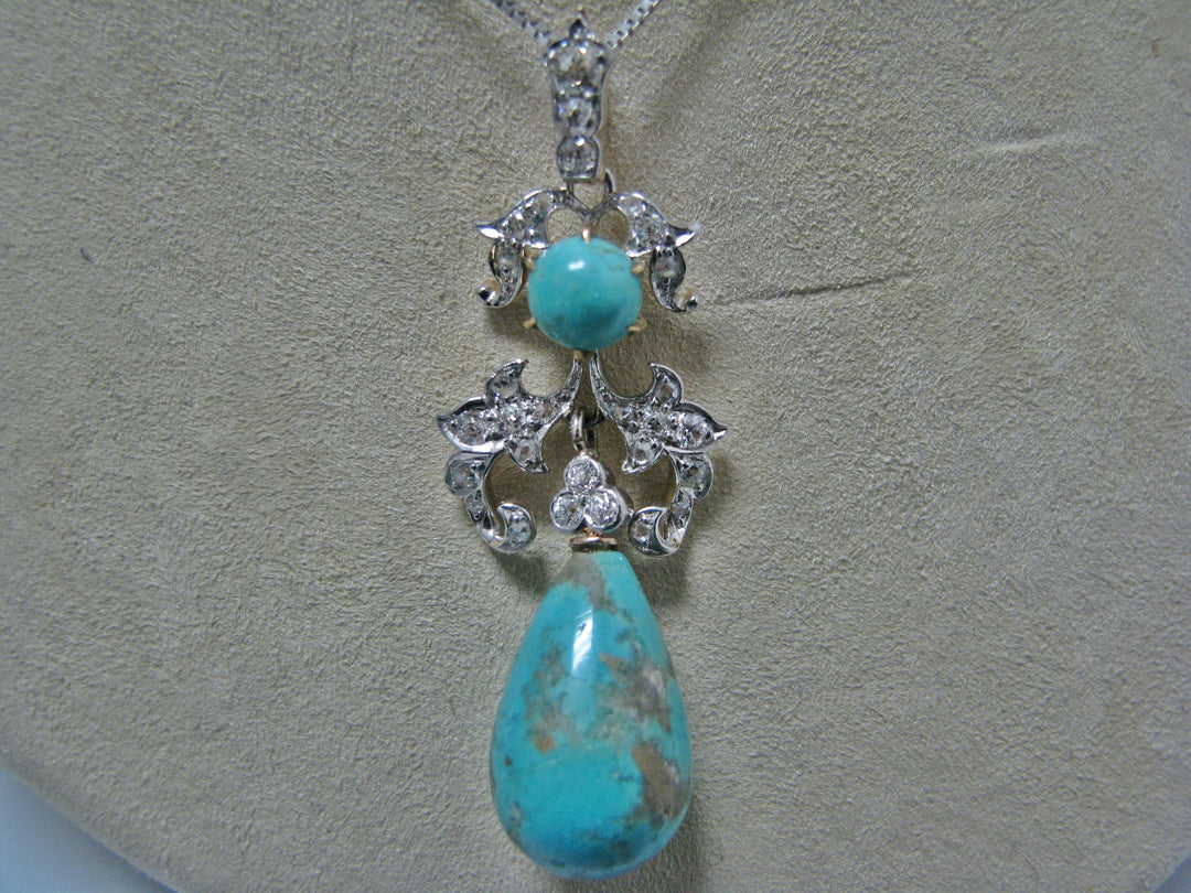 H100 Stunning Turquoise with Diamonds Necklace in 14k White Gold