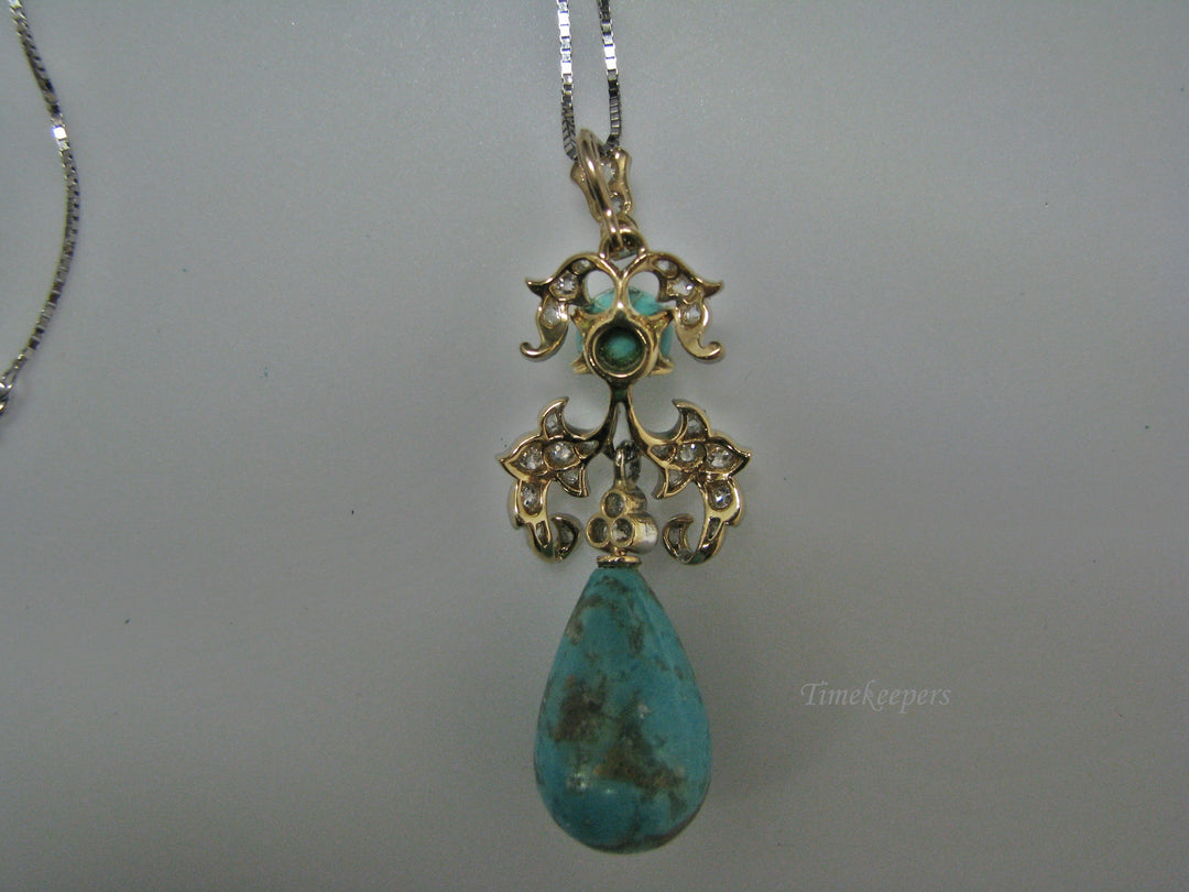 H100 Stunning Turquoise with Diamonds Necklace in 14k White Gold