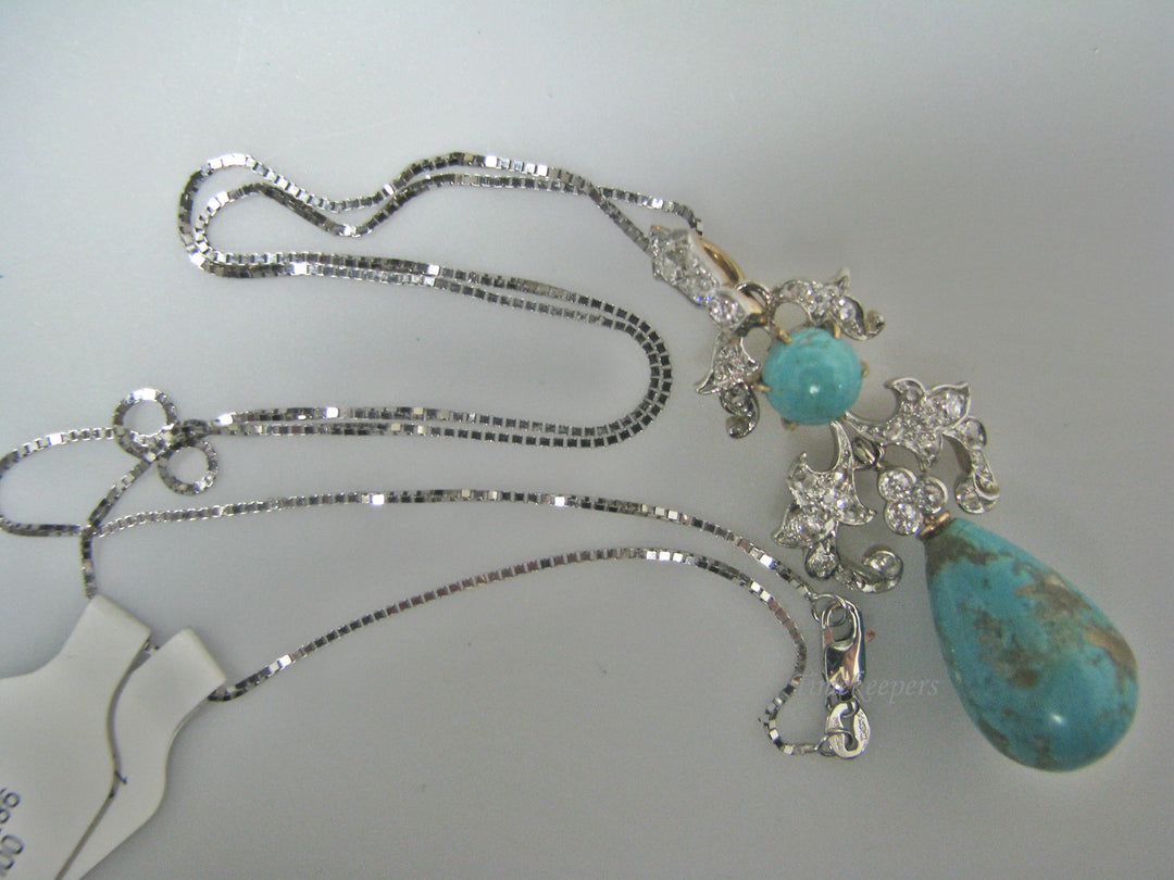 H100 Stunning Turquoise with Diamonds Necklace in 14k White Gold