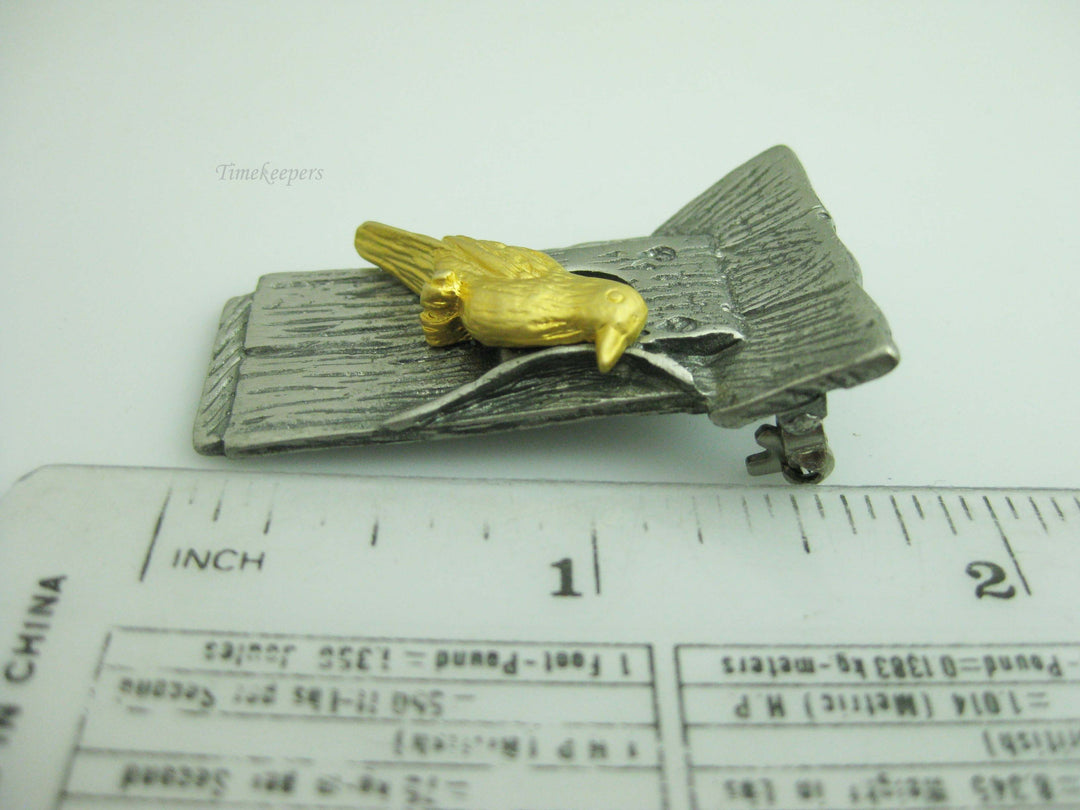 b677 Cute Little Gold Tone Bird Perched on a Pewter Birdhouse