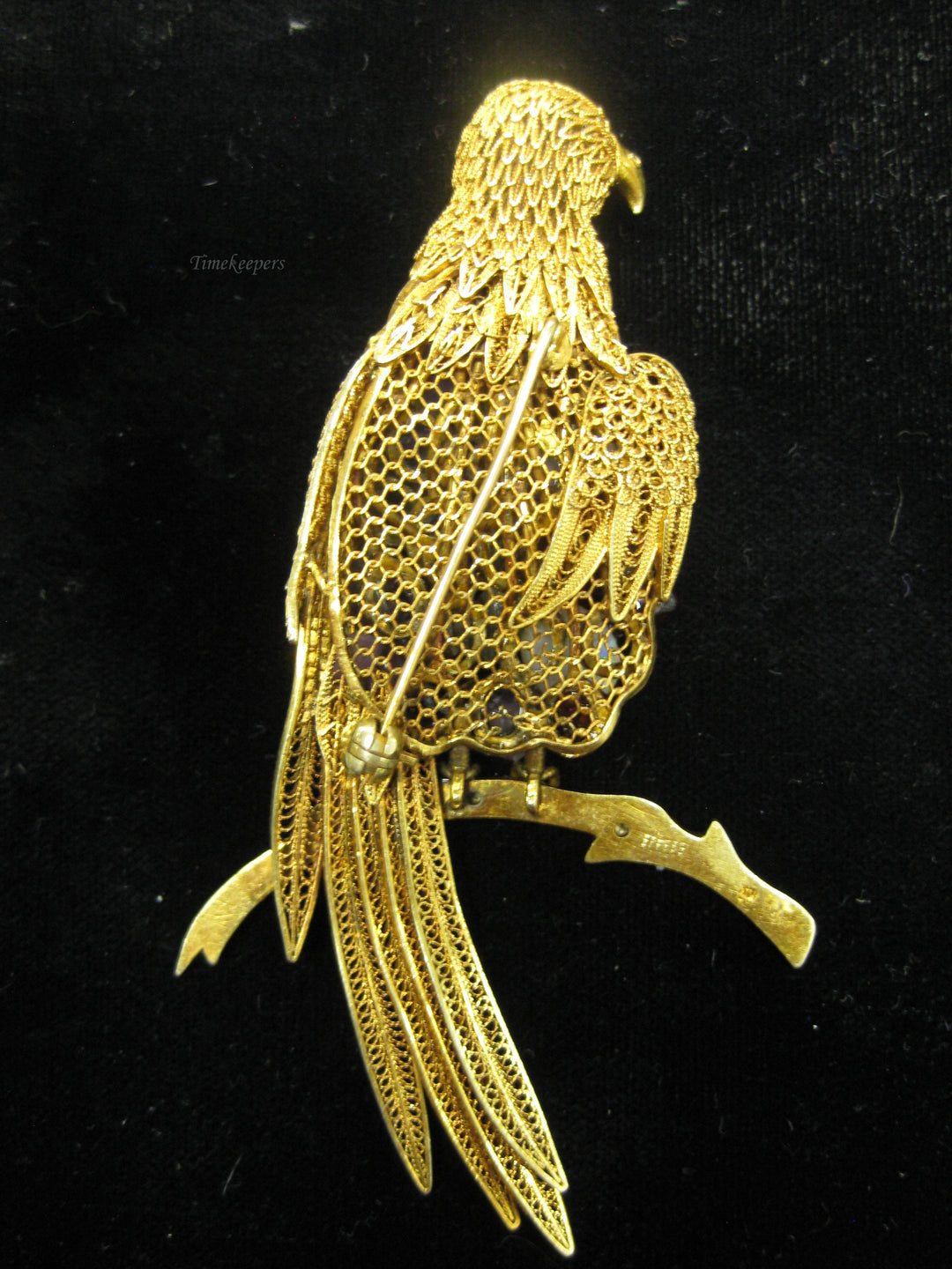 b688 Unique 14kt Yellow Gold Filigree Bird with Gemstone Belly