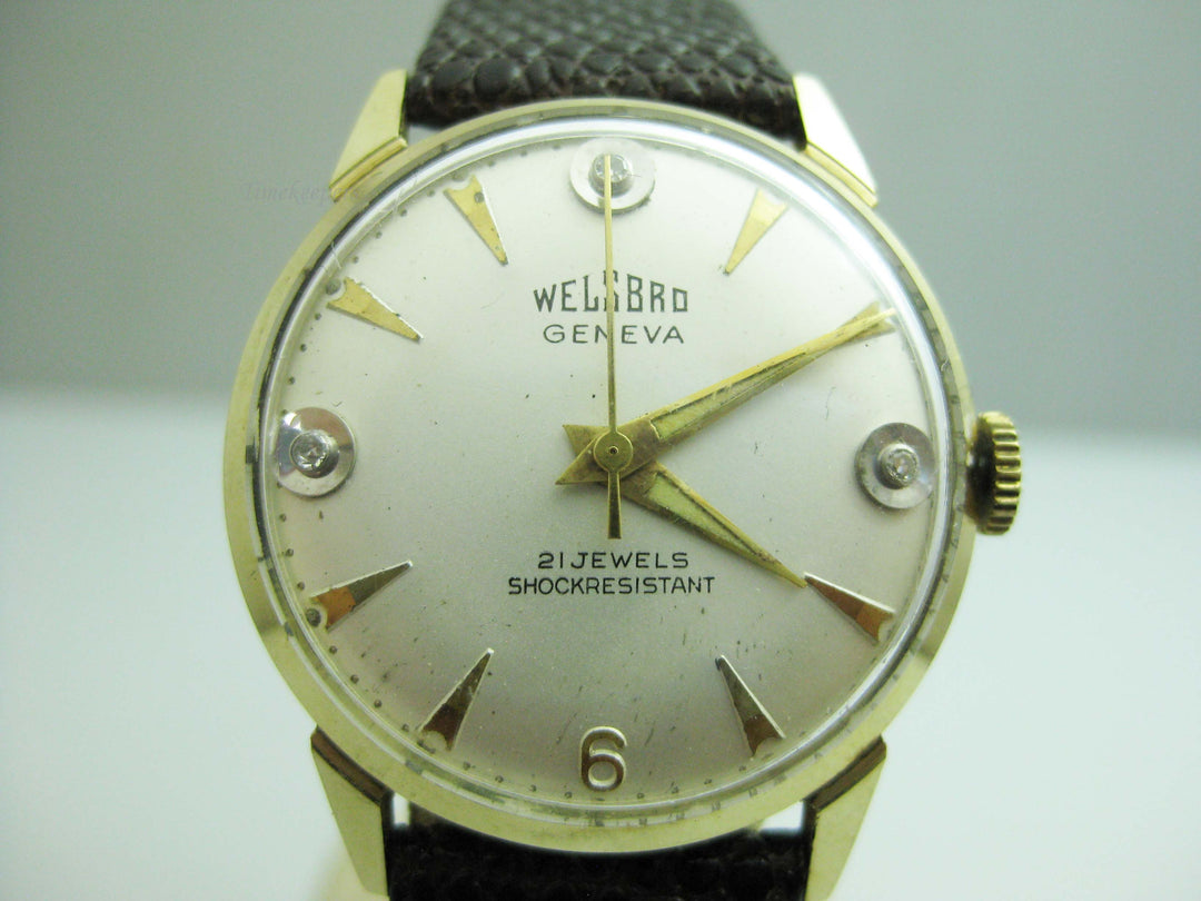 b714 Unisex 1970s 14kt Yellow Gold Welsbro 21 Jewel Shock Resistant Mechanical Wristwatch