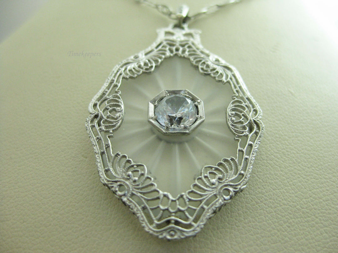 b747 Stunning 14kt White Gold Camphor Glass CZ Pendant and Chain