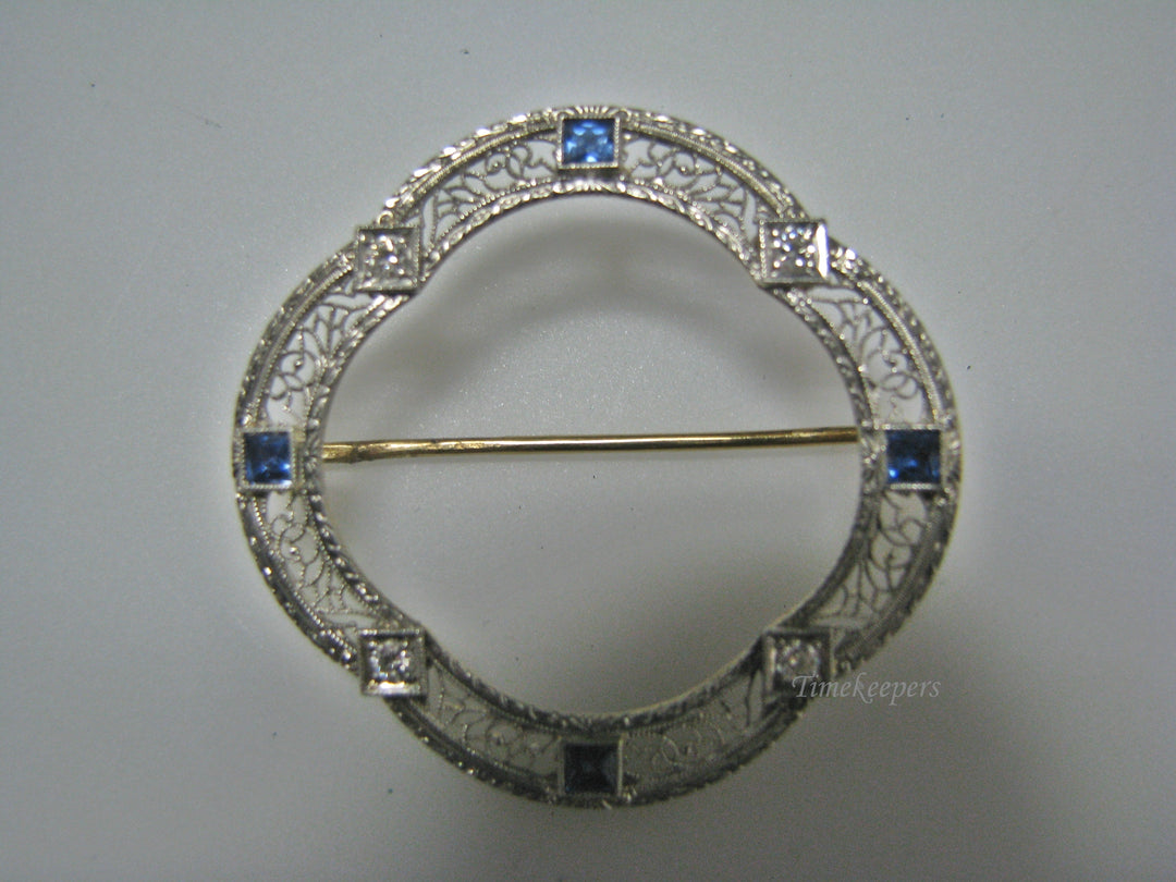 H143 Stunning 14k WGold and YGold Filigree Pin/ Brooch with Sapphire and Diamond