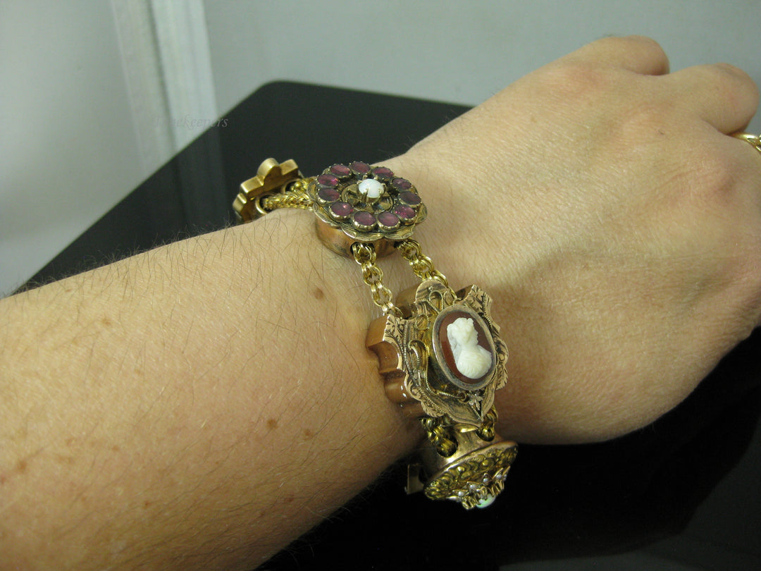 b751 Vintage 6.75" 14kt Yellow Gold &amp; Gold Filled Pearl, Ruby, Onyx and Opal Slide Bracelet