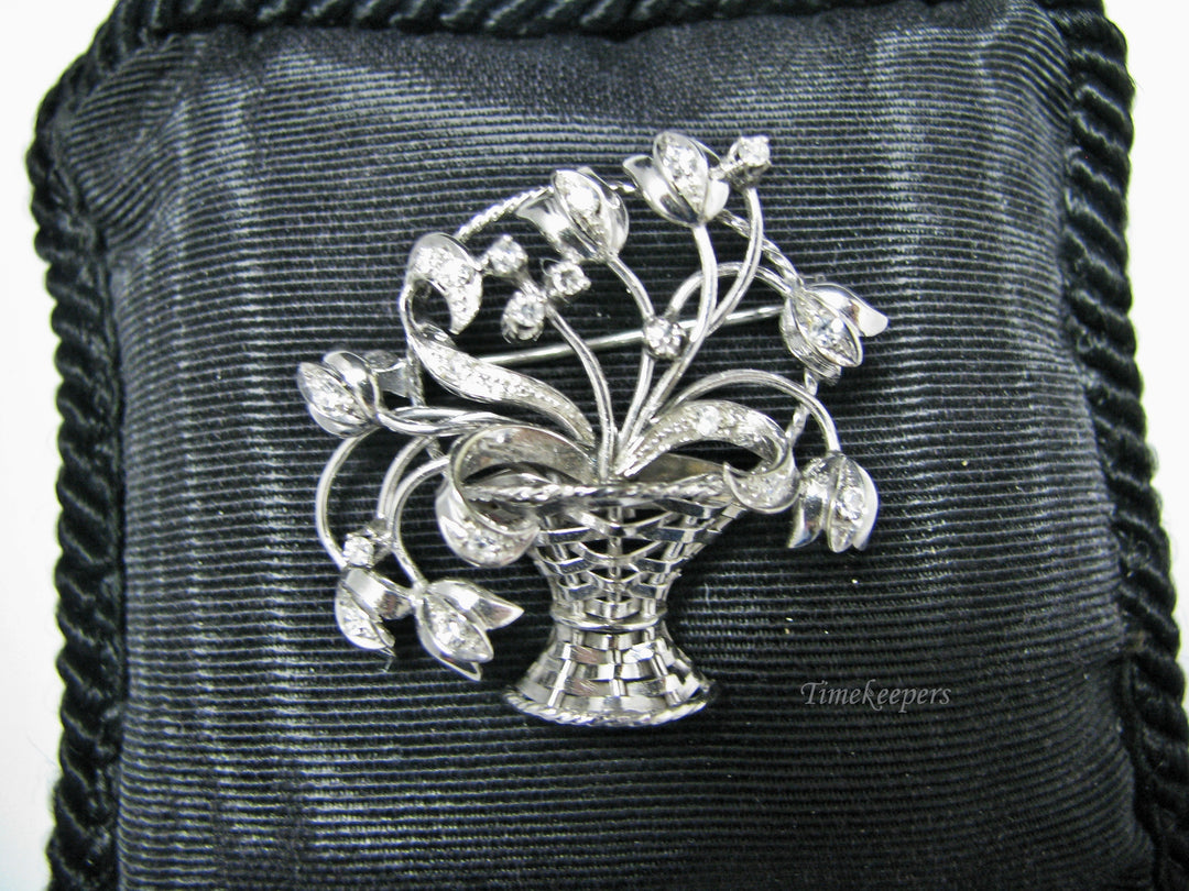 H155 Gorgeous Basket of Flowers in 14k White Gold Pin/Brooch with Diamonds