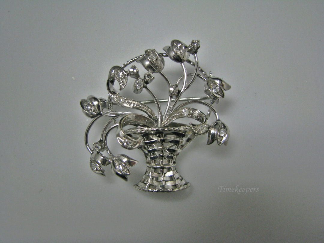 H155 Gorgeous Basket of Flowers in 14k White Gold Pin/Brooch with Diamonds