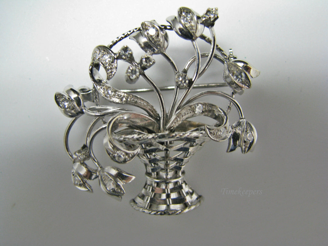 H155 Gorgeous Basket of Flowers in 14k White Gold Pin/Brooch with Diamonds