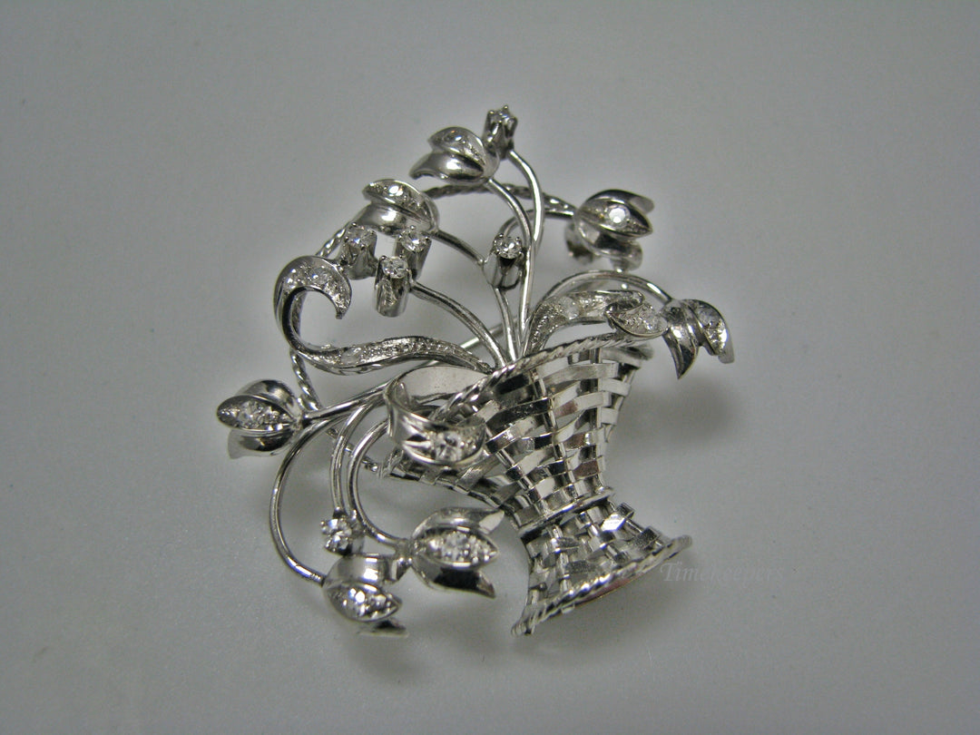 H155 Gorgeous Basket of Flowers in 14k White Gold Pin/Brooch with Diamonds