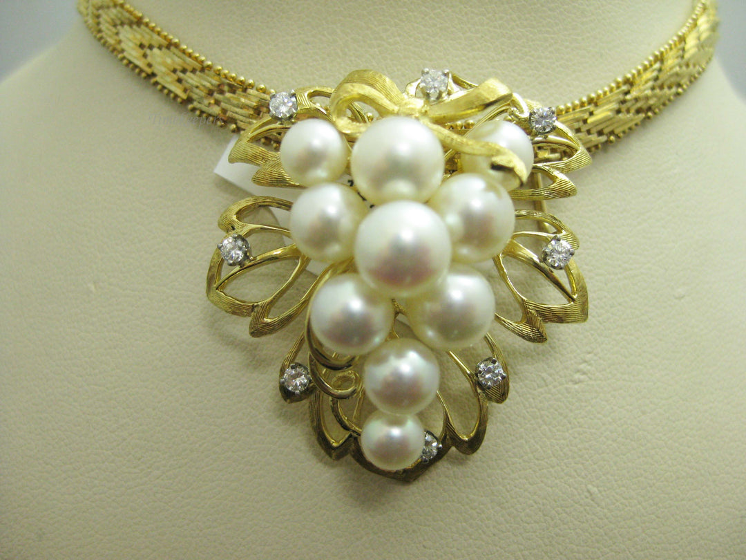 c430 Beautiful Ladies 14kt Yellow Gold Chevron Style necklace with 18kt Yellow Gold Diamond and Pearl Slide Pendant