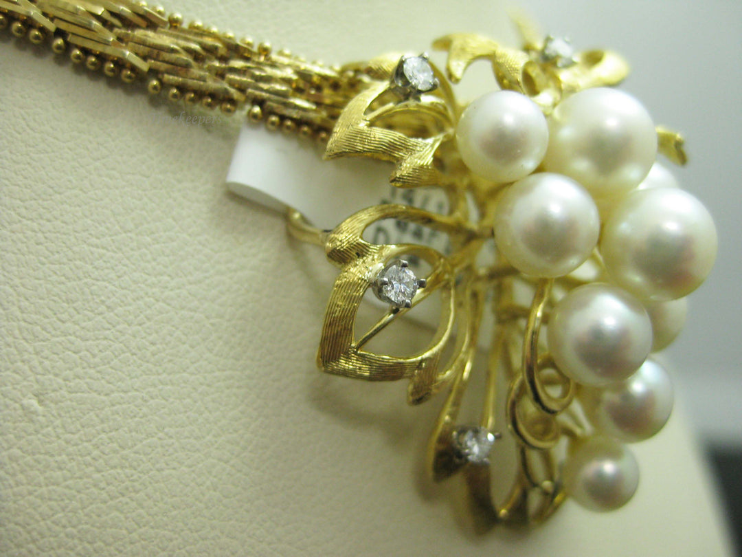 c430 Beautiful Ladies 14kt Yellow Gold Chevron Style necklace with 18kt Yellow Gold Diamond and Pearl Slide Pendant