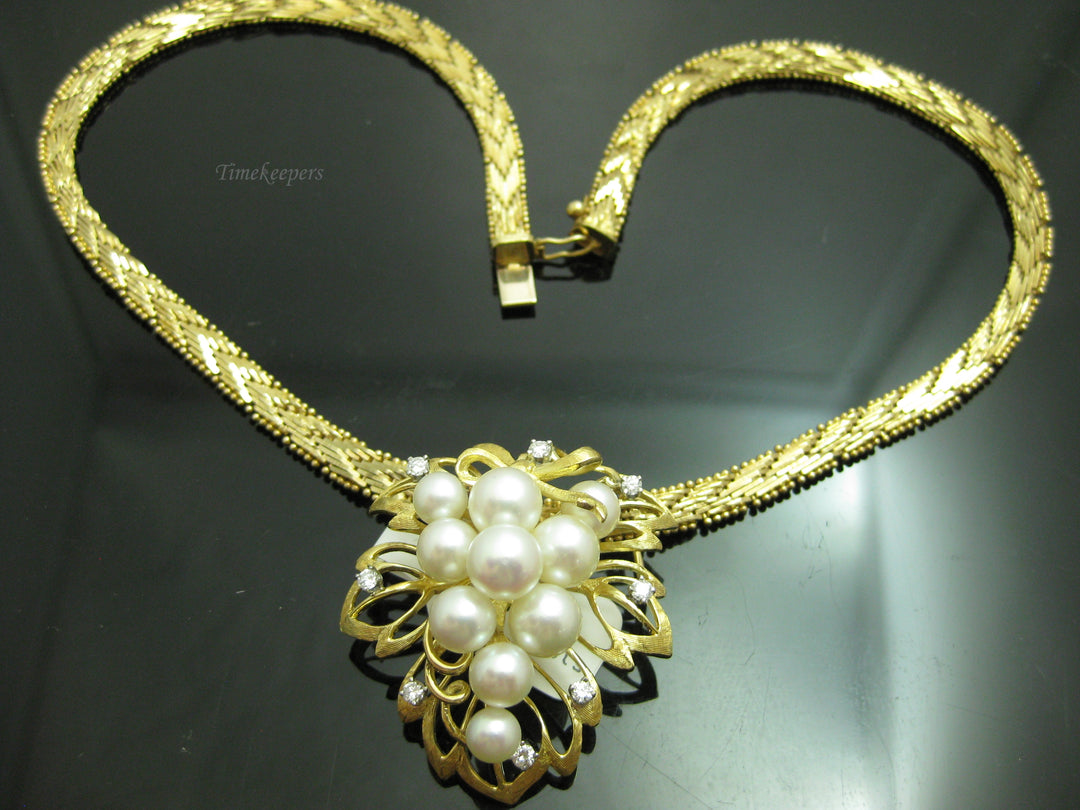 c430 Beautiful Ladies 14kt Yellow Gold Chevron Style necklace with 18kt Yellow Gold Diamond and Pearl Slide Pendant