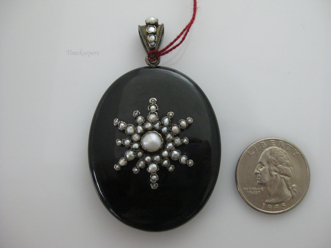 g278 Onyx and Pearl Locket with Pearls on the Bail