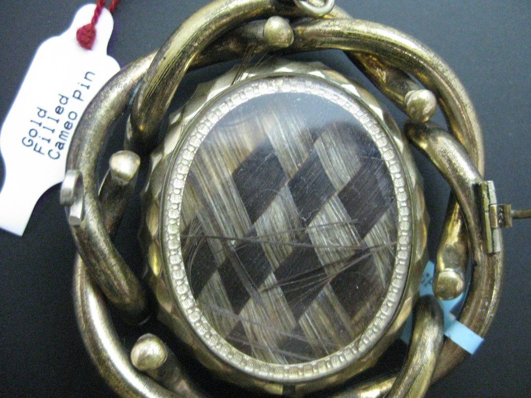 g282 Unique Vintage Woven Hair Mourning Cameo Gold Filled Brooch Locket