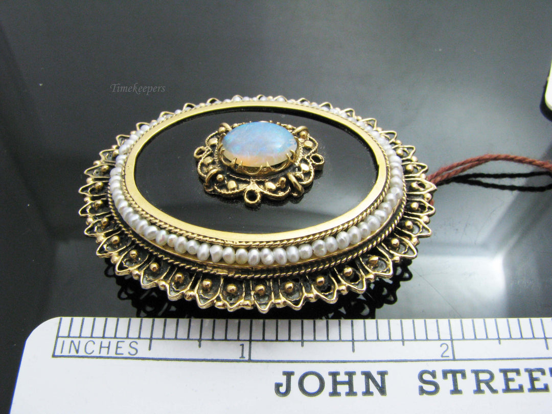 b817 Beautiful 14kt Yellow Gold Opal, Onyx, and Seed Pearl Brooch Pendant