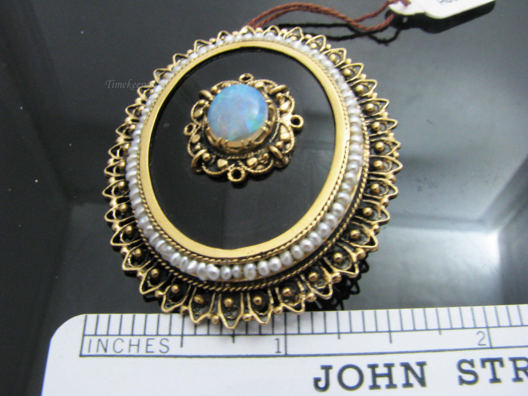 b817 Beautiful 14kt Yellow Gold Opal, Onyx, and Seed Pearl Brooch Pendant