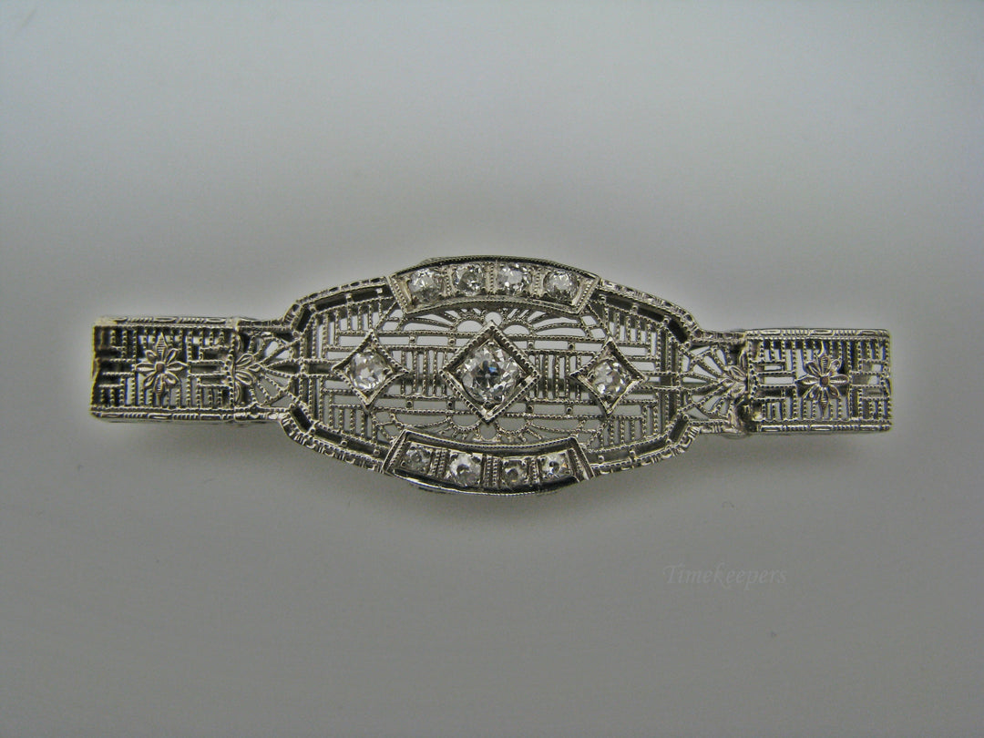 H200 Stunning 14k White Gold Filigree Pin / Brooch with Multiple Diamonds