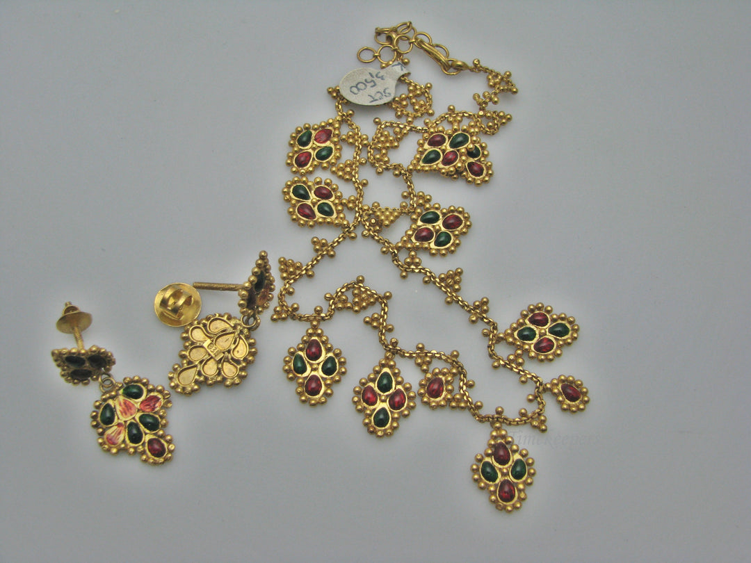 H269 Stunning 22k Yellow Gold Set of Green and Red Stone Necklace with Earrings