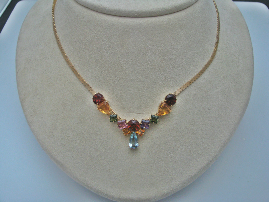 H276 Stunning Multicolor Stone Necklace in 14k Yellow Gold