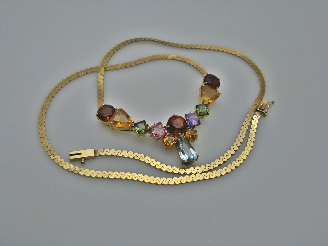 H276 Stunning Multicolor Stone Necklace in 14k Yellow Gold