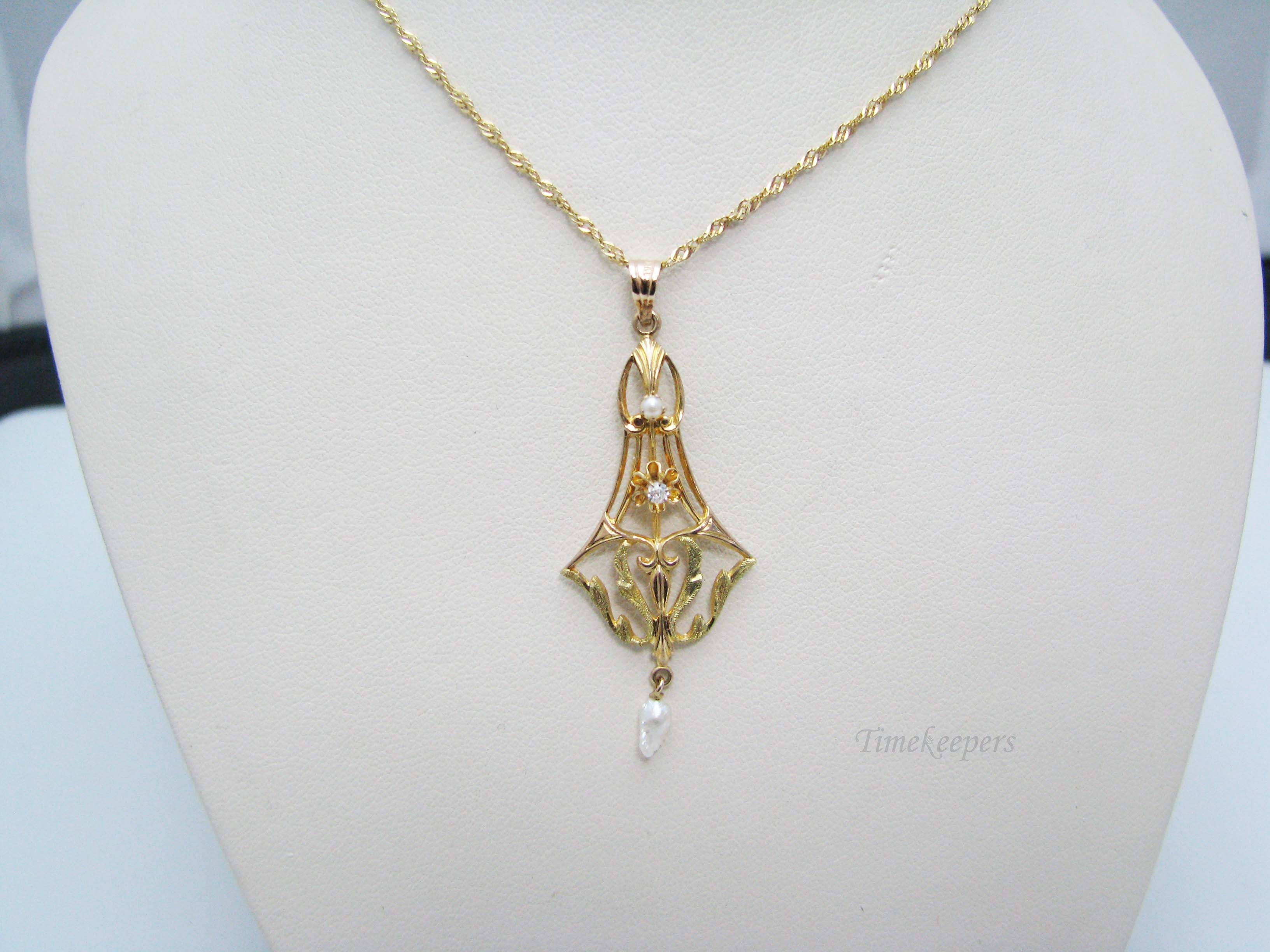 Antique Edwardian 14k Yellow Gold Necklace w Diamond outlet & Pearl Pendant