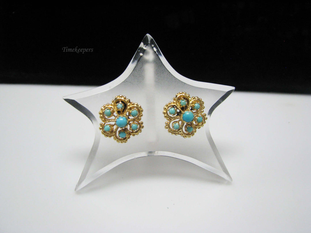 b496 Antique 14kt Yellow Gold Turquoise Earrings