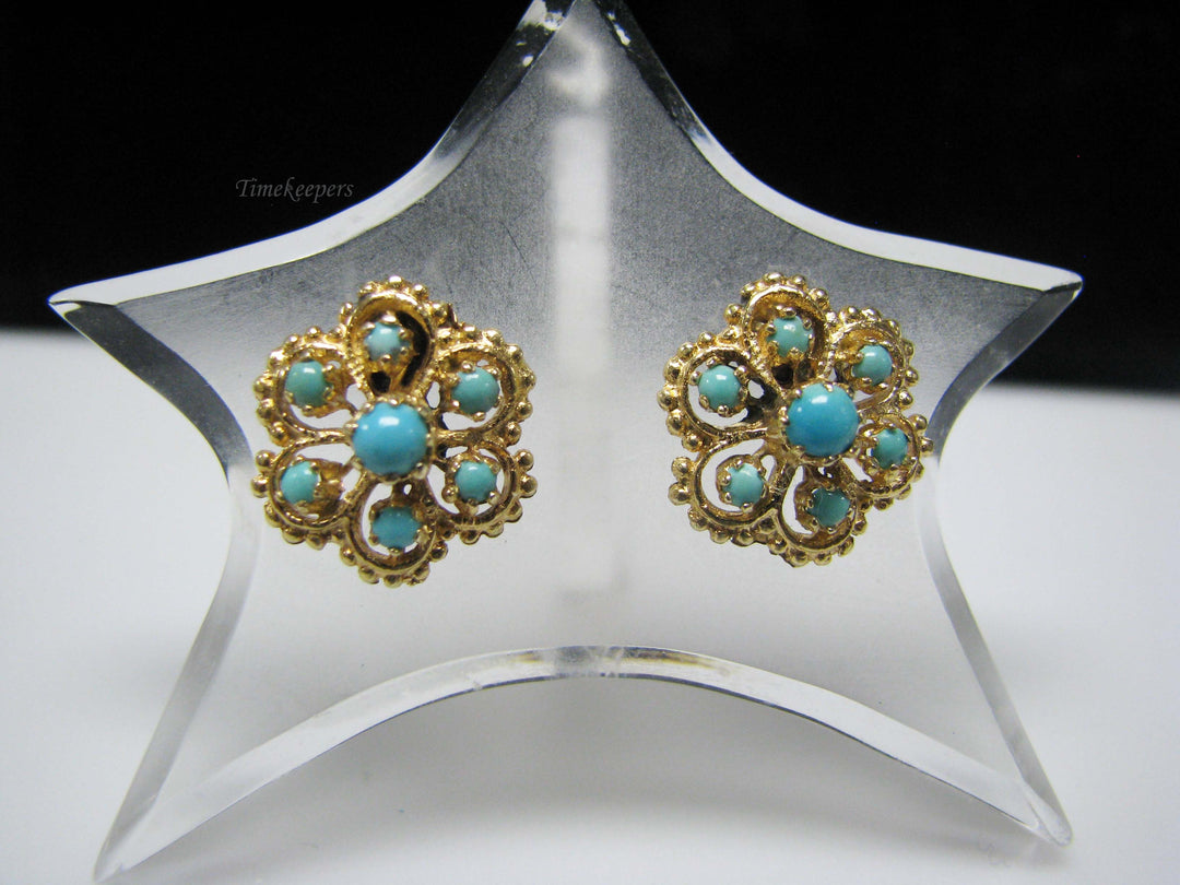 b496 Antique 14kt Yellow Gold Turquoise Earrings