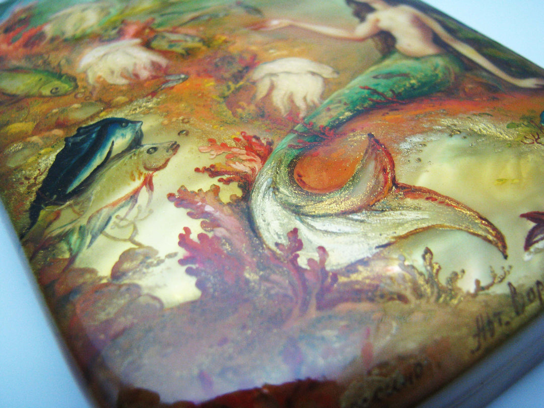 j185 Nice Fedoskino Russian Lacquer Box "The Little Mermaid" by Vorontsova