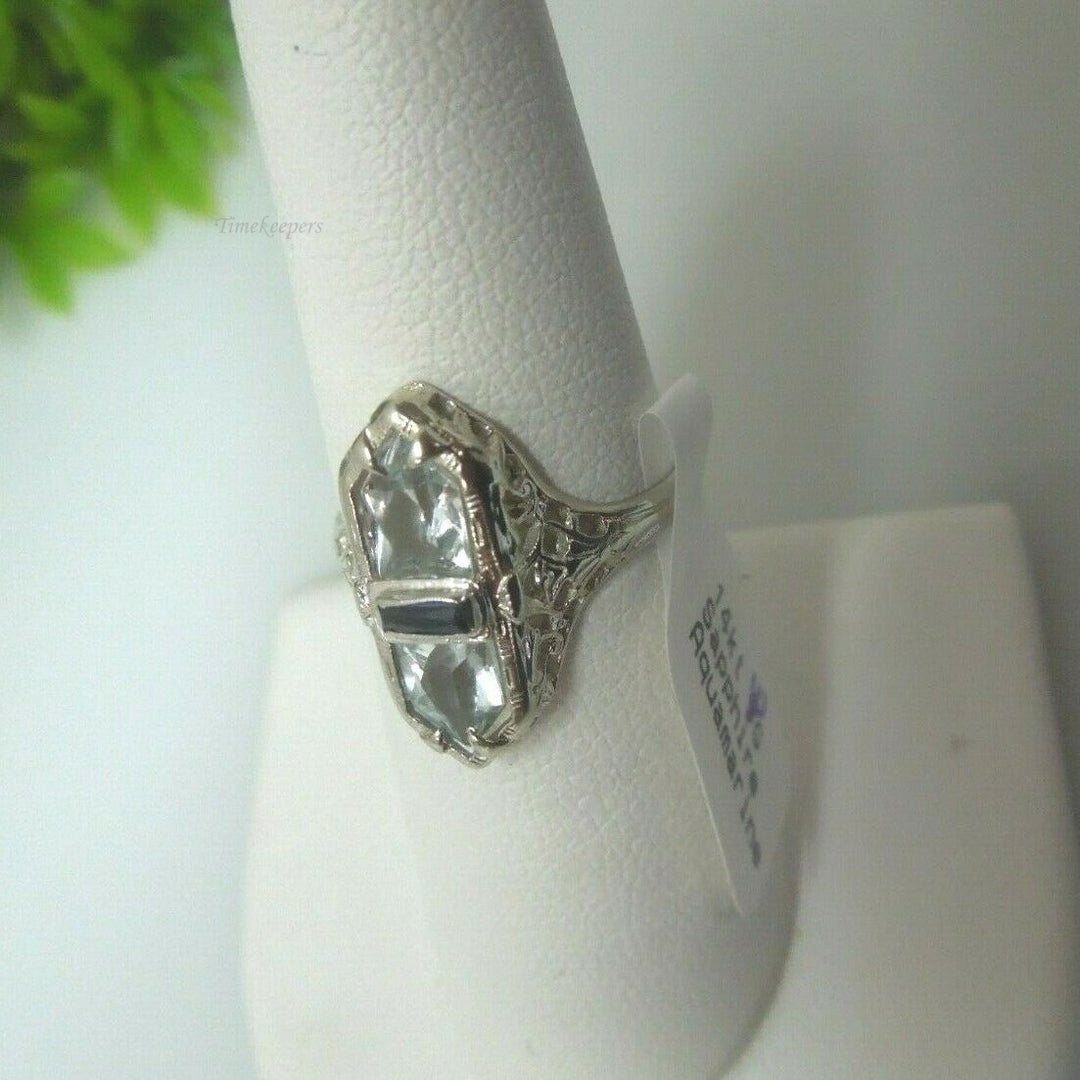 q508 Lovely 14kt White Gold Sapphire Aquamarine Ring Size 7(USA)