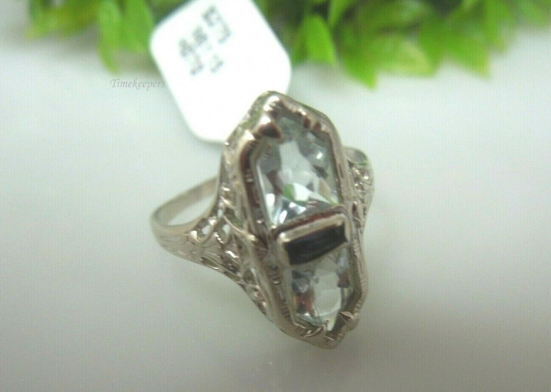 q508 Lovely 14kt White Gold Sapphire Aquamarine Ring Size 7(USA)