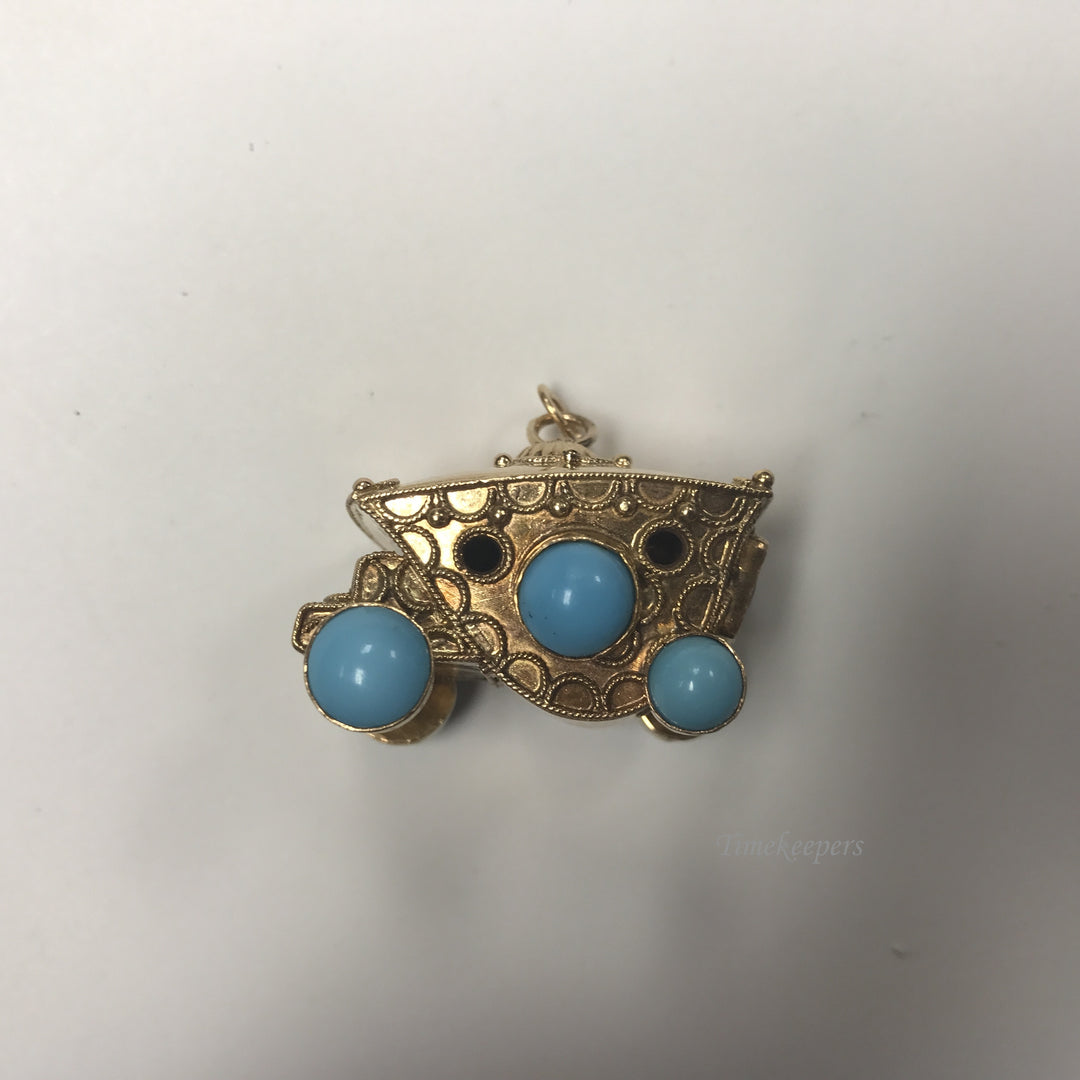 d086 Vintage Stunning 14k Yellow Gold Carriage Filigree Pendant Turquoise Garnet