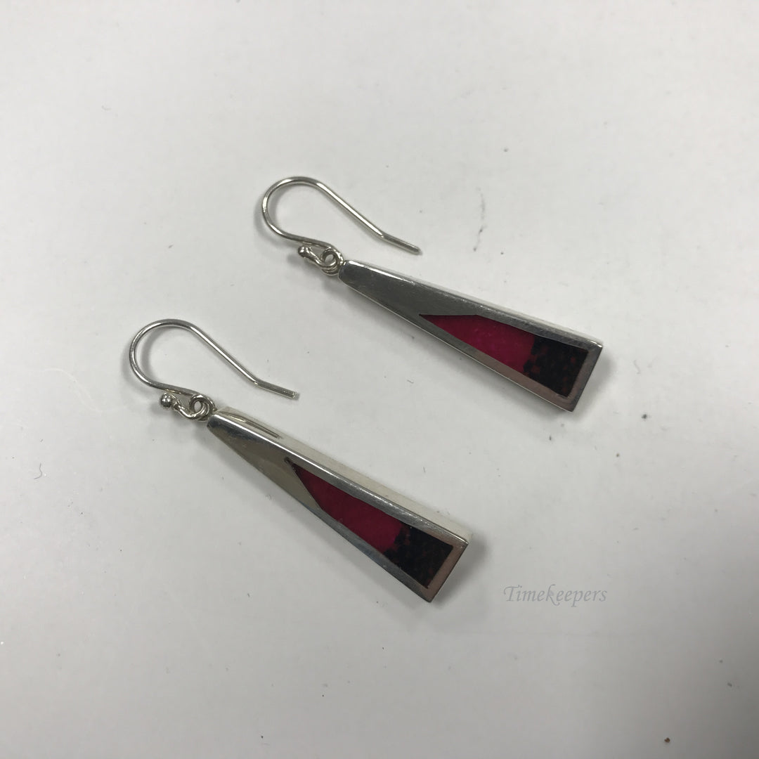 d217 Vintage Original Sterling Silver Dangle Earrings with Red/Black In-fill