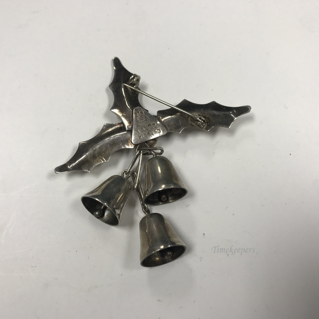 d268 Vintage Sterling Silver Holly Leaves 3 Bells Women's Brooch Pin Taxco 925