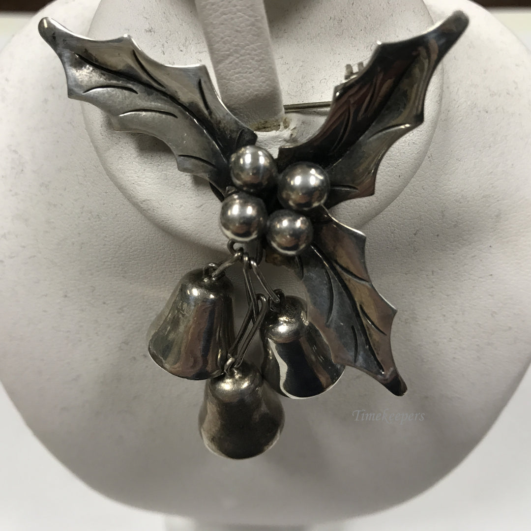 d268 Vintage Sterling Silver Holly Leaves 3 Bells Women's Brooch Pin Taxco 925