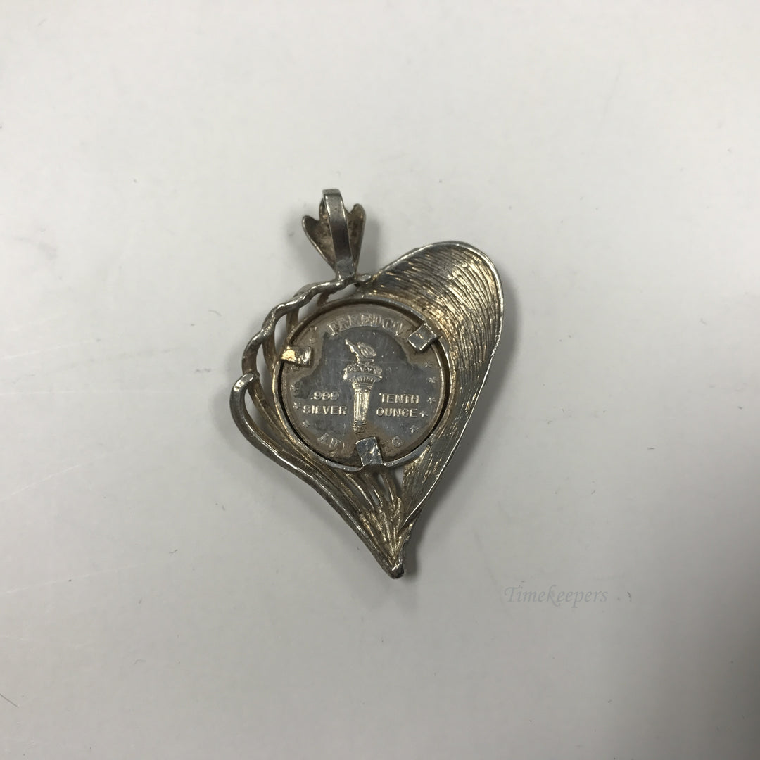 d279 Vintage Sterling 999 Silver Tenth Ounce Liberty Freedom Coin Heart Pendant