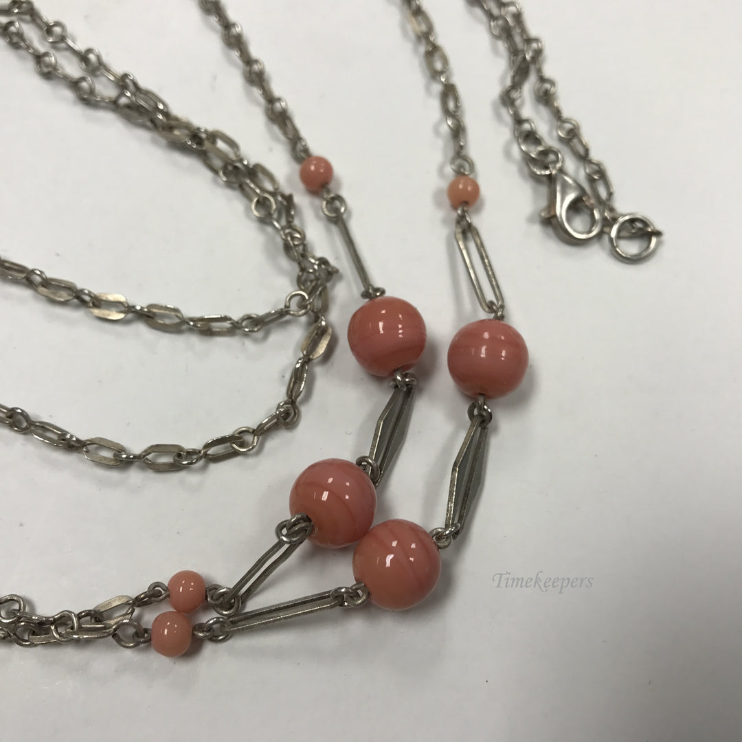 d428 Vintage Silver Tone Coral Colored Glass Beads Chain Necklace 60" long