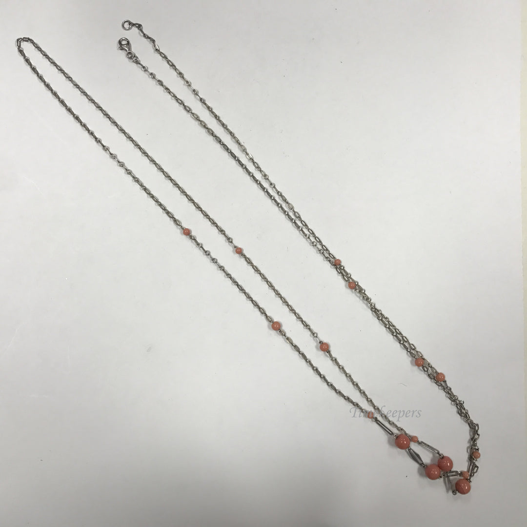 d428 Vintage Silver Tone Coral Colored Glass Beads Chain Necklace 60" long