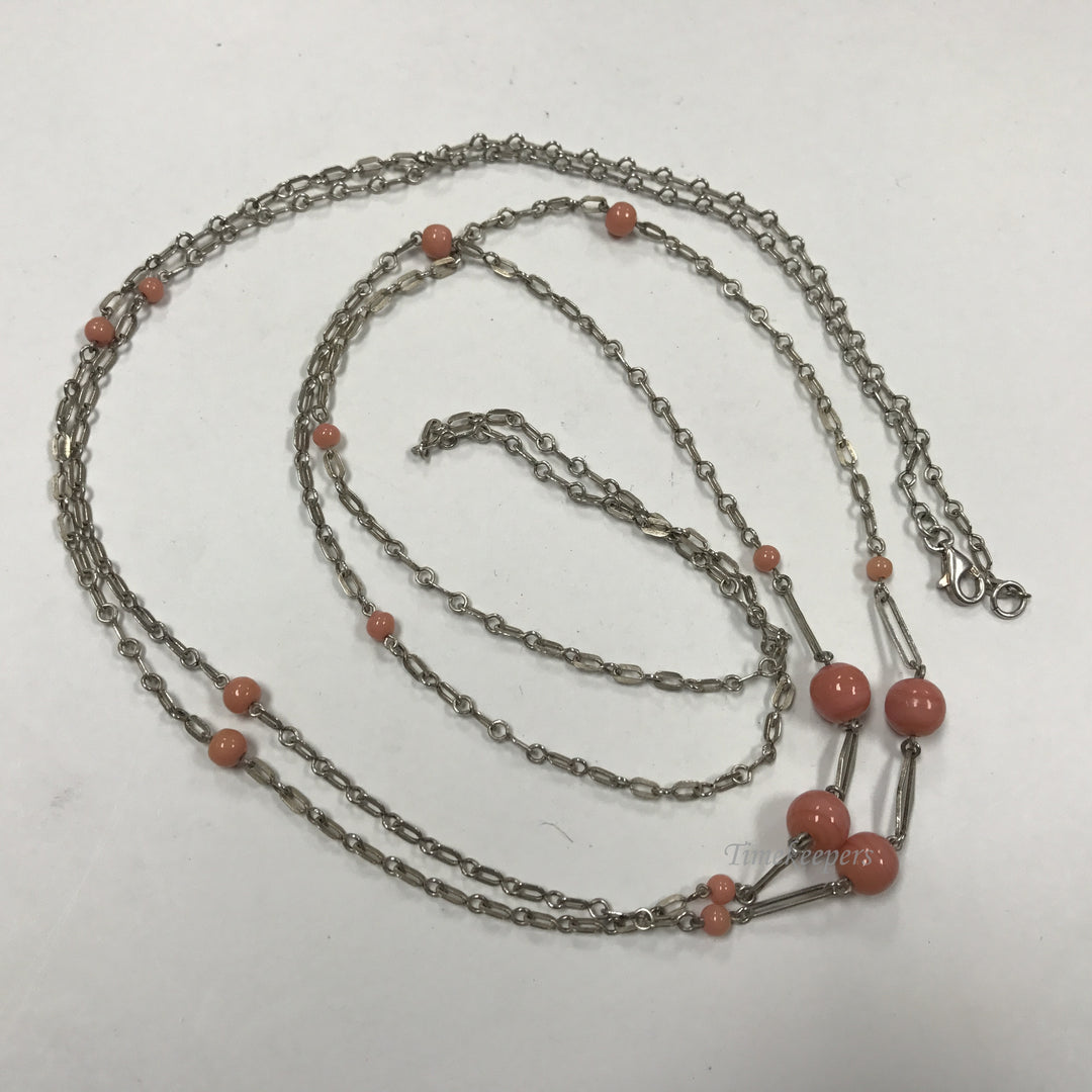 d428 Vintage Silver Tone Coral Colored Glass Beads Chain Necklace 60" long