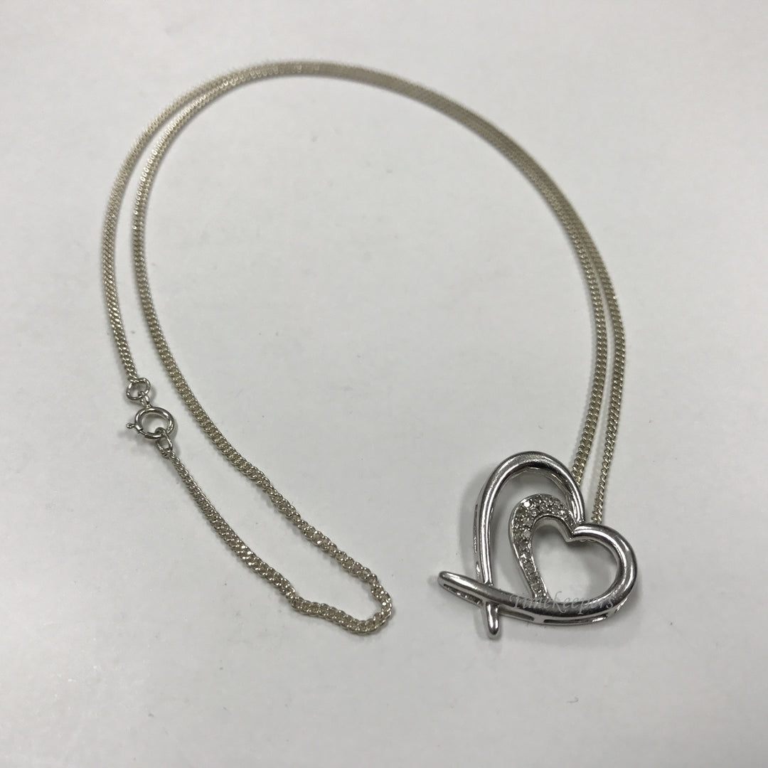d477 Vintage Sterling Silver Diamonds Heart Pendant Chain Necklace 17" Long