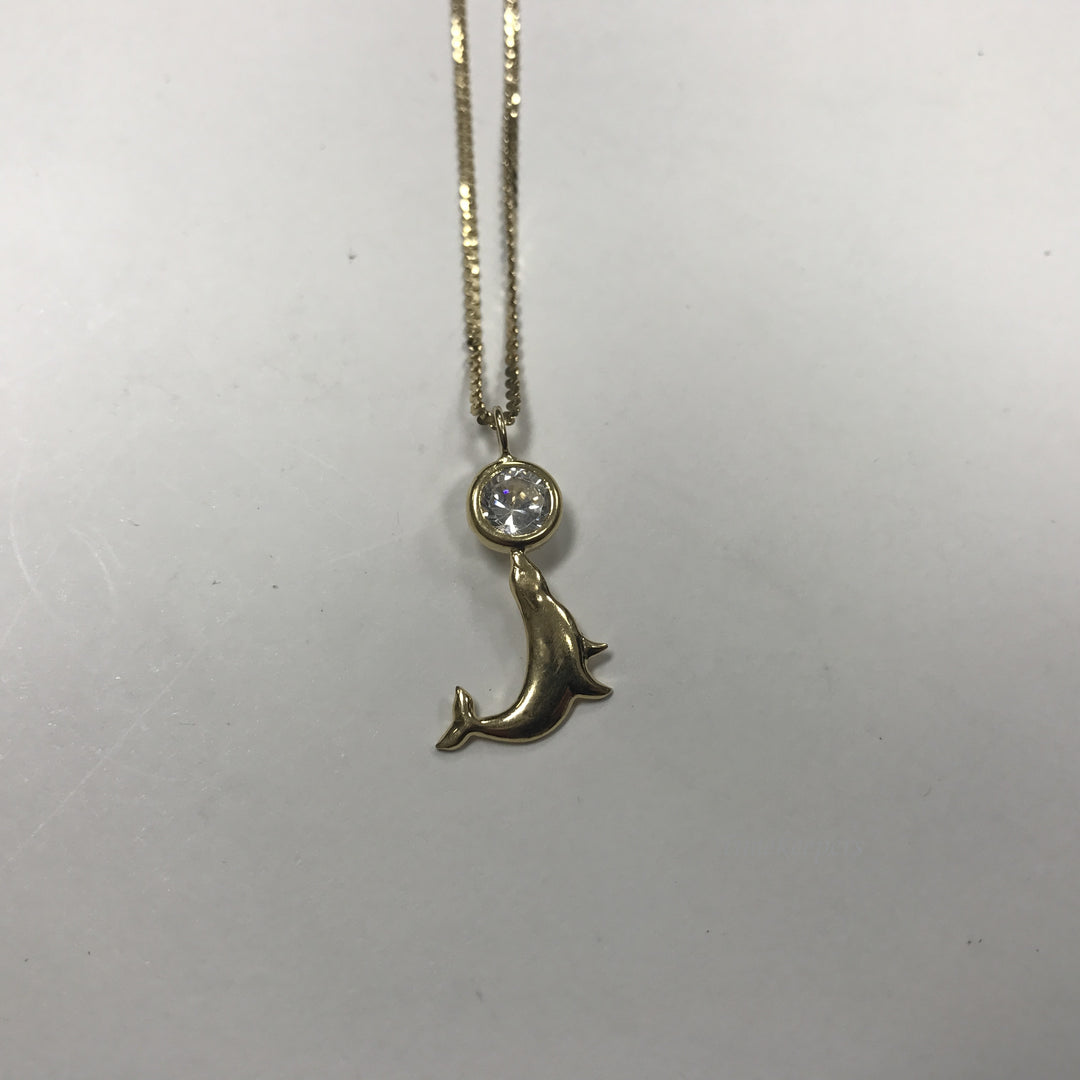 d480 Vintage 14K Yellow Gold CZ Sea Lion Pendant Chain Necklace 16" long