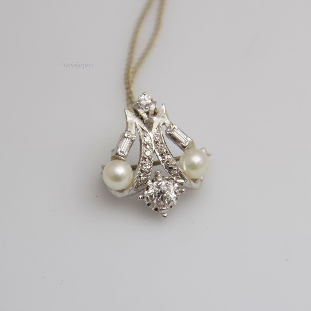 d629 Gorgeous 14k White Gold Pearl &amp; Diamond Necklace and Pin/Brooch