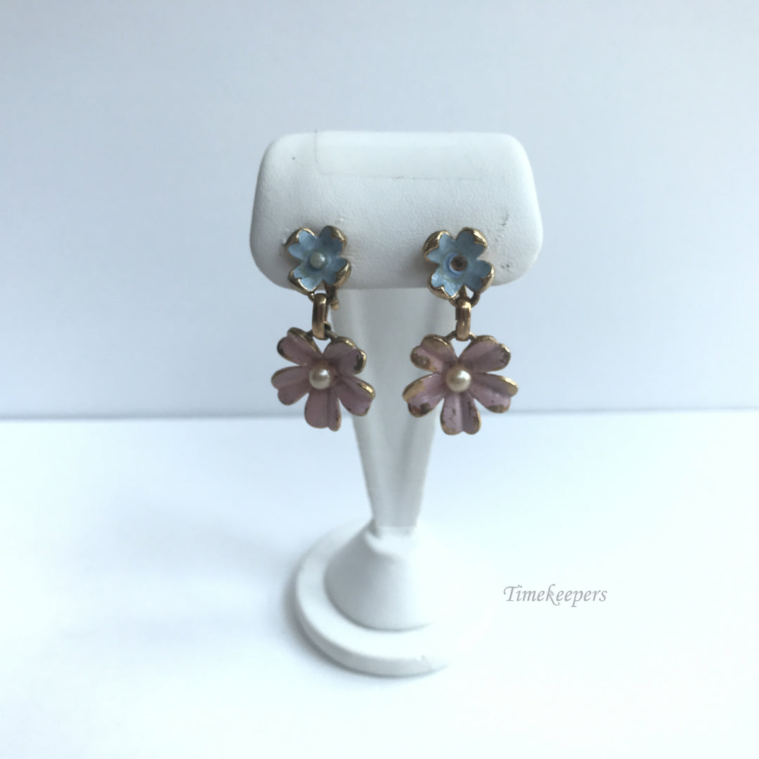 e297 Vintage Elegant Blue Pink Enamel Dangle Flower Earrings