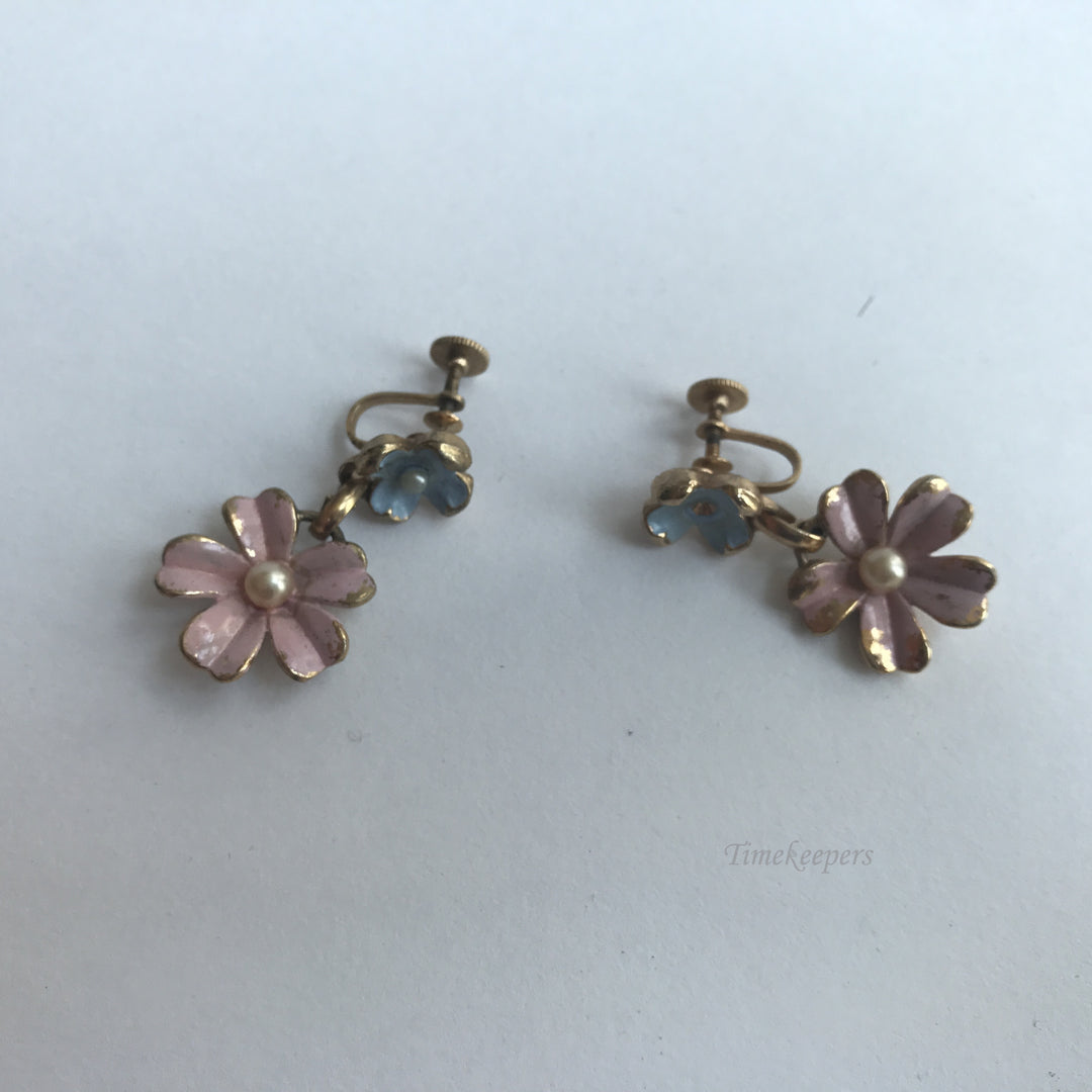 e297 Vintage Elegant Blue Pink Enamel Dangle Flower Earrings