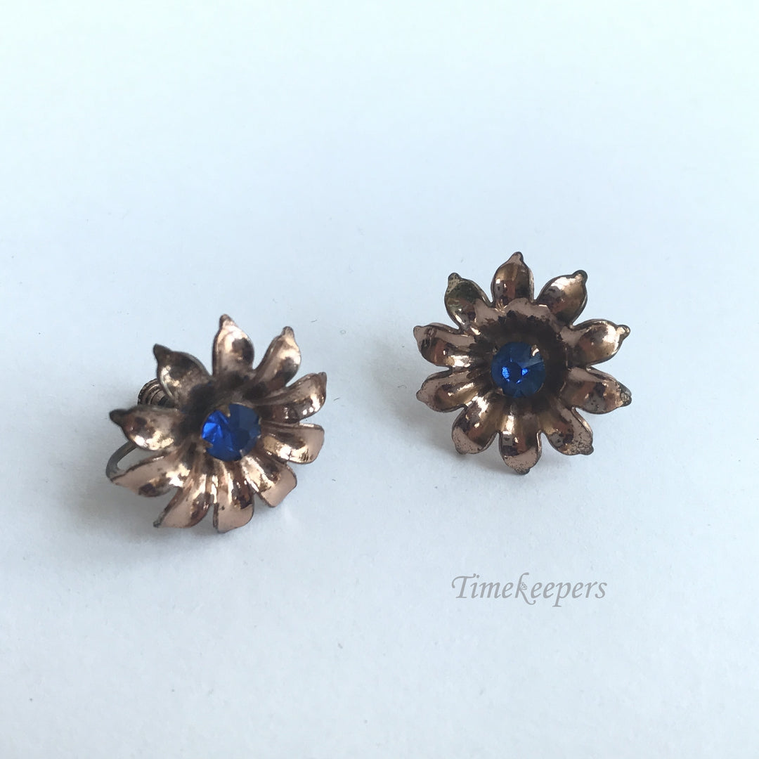 e299 Vintage Elegant Blue Stone Flower Screw Back Earrings