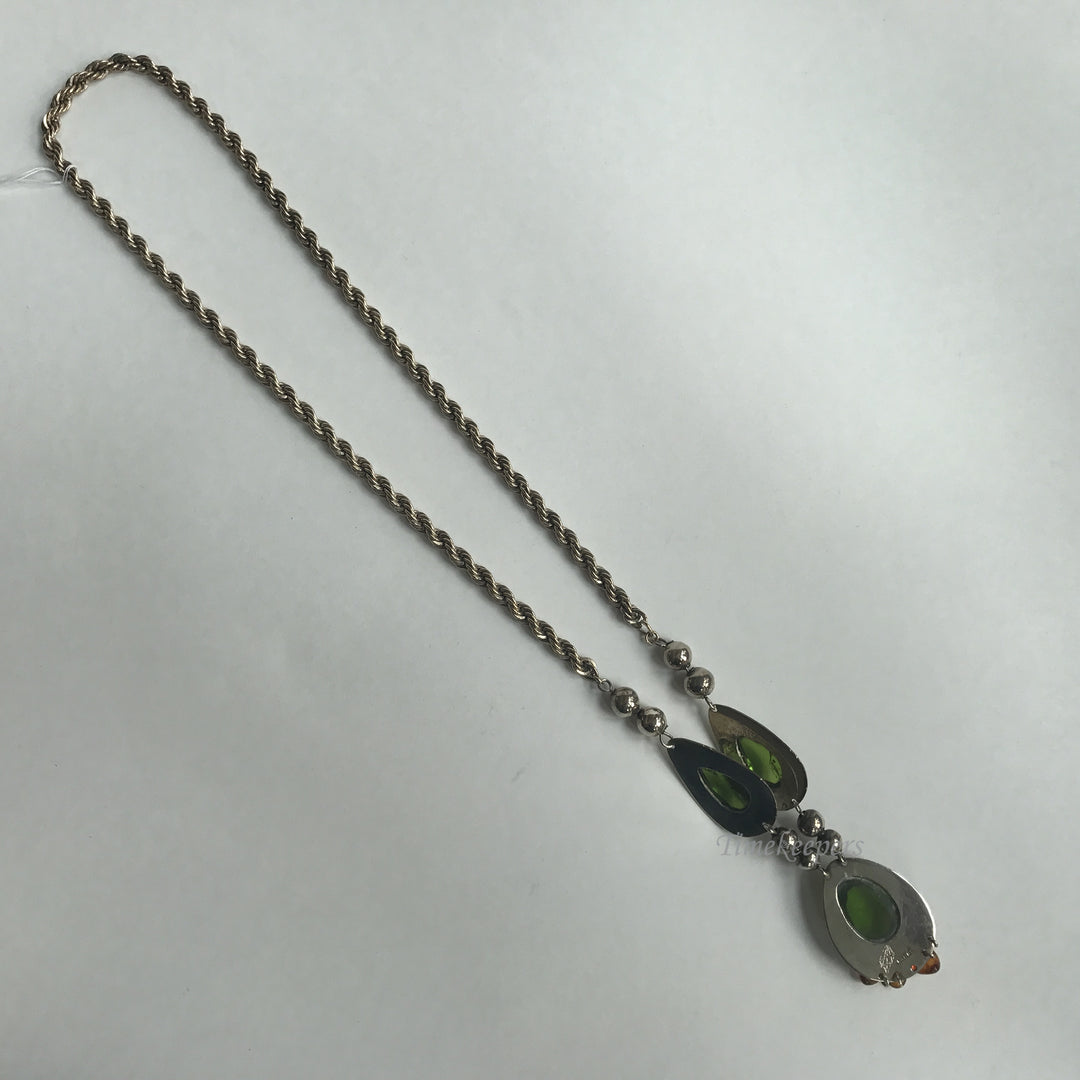 e341 Vintage Sterling Silver Green Red Stones Teardrop Necklace