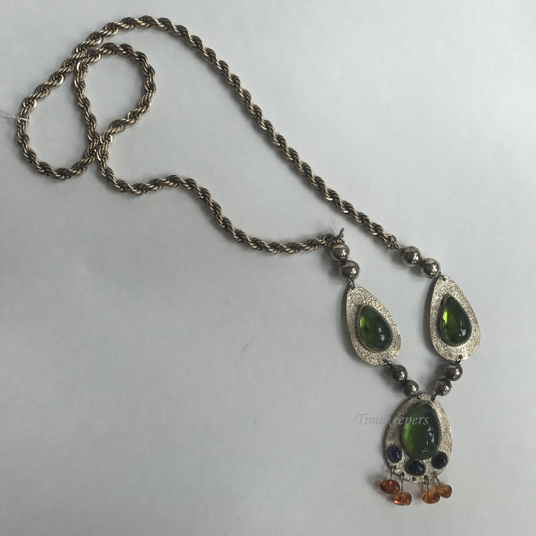 e341 Vintage Sterling Silver Green Red Stones Teardrop Necklace