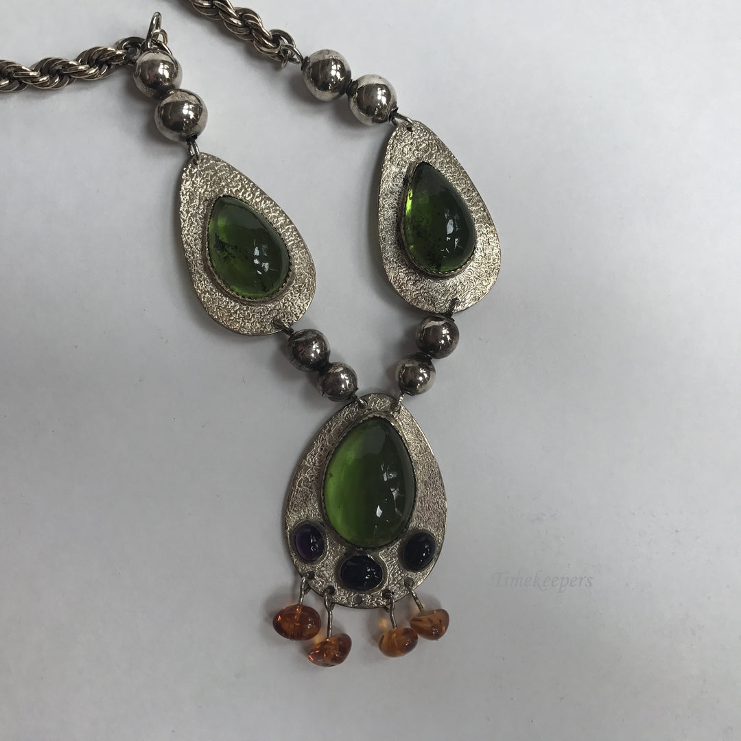 e341 Vintage Sterling Silver Green Red Stones Teardrop Necklace